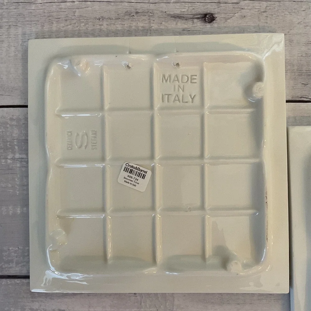 Crate‎ & Barrel Snowman Trivet Set 2 Ceramic 8in Square Italy Stefani Ceramica